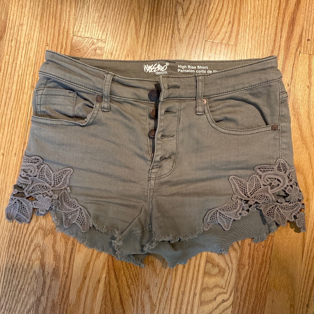 High rise  olive green denim shorts with lace sides